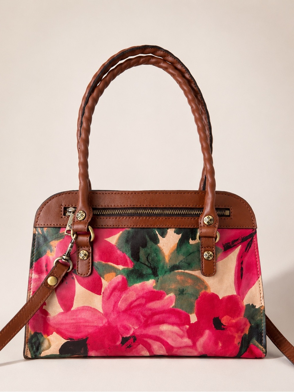 Patricia Nash Leather Calvi Handbag Crossbody Floral Spring Multi Red Tan